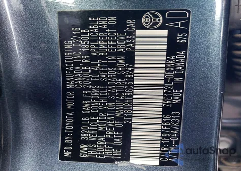 2016 Toyota Corolla Le из США, поврежденный, VIN 2T1BURHE8GC618247